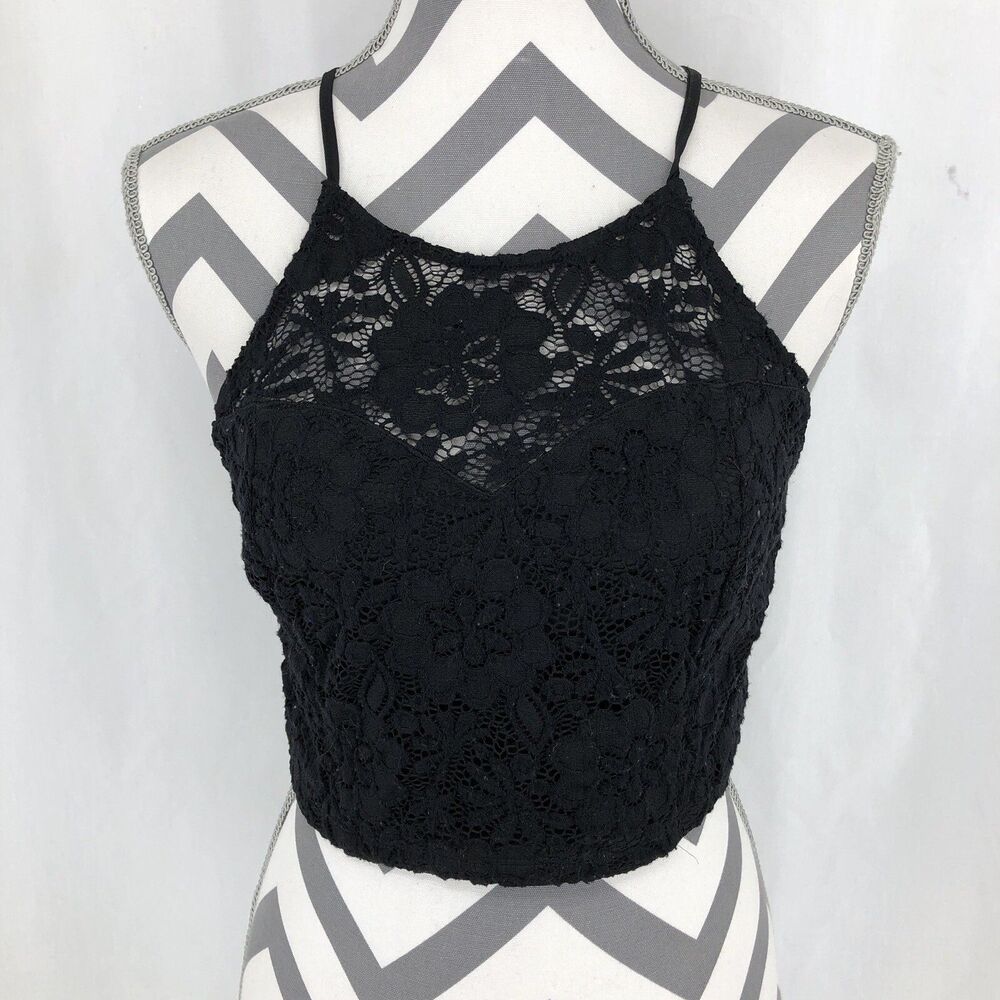Forever 21 Black Crochet Lace Zip Back Crop Cami Tank Top Medium